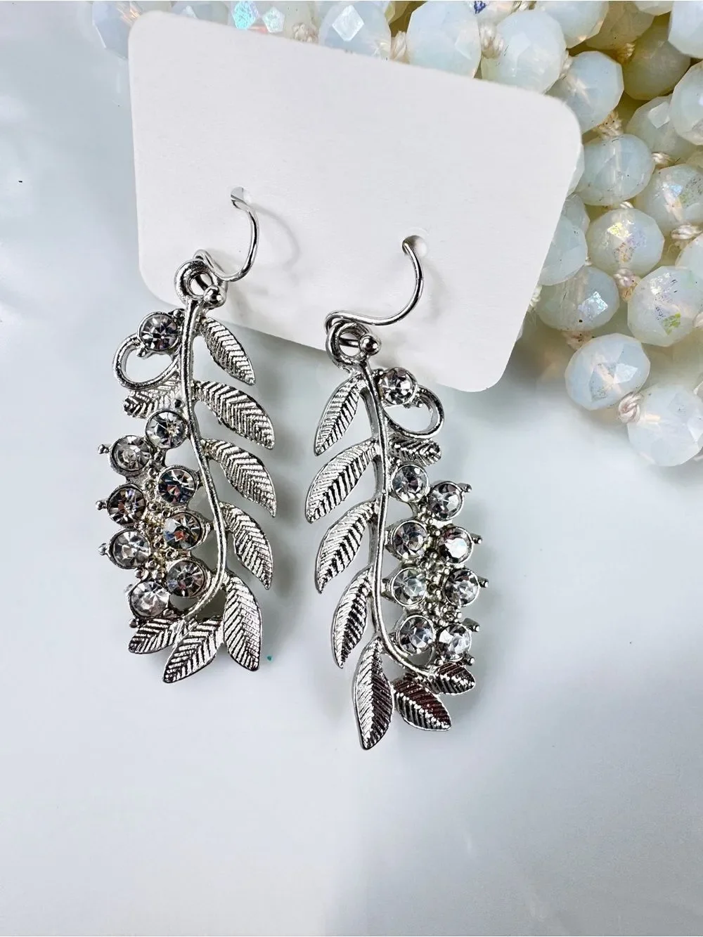 Zara Vintage Silver Leaf Crystal Drop Earrings